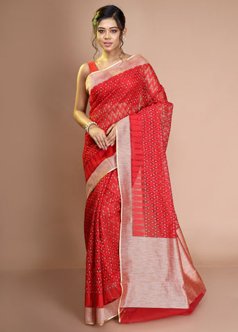 Red Net Saree With Blouse Piece
