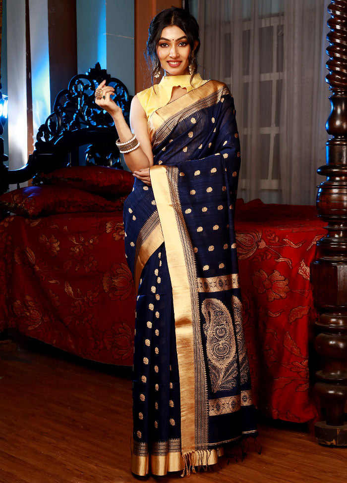 Dark Blue Pure Matka Baluchari Saree With Blouse Piece