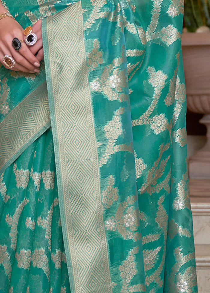 Turquoise Organza Saree With Blouse Piece