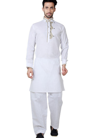 White Cotton Blend Kurta And Pajama Set VDSF1802368