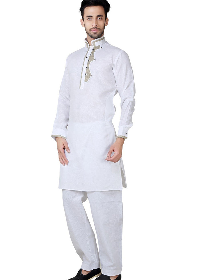 White Cotton Blend Kurta And Pajama Set VDSF1802368