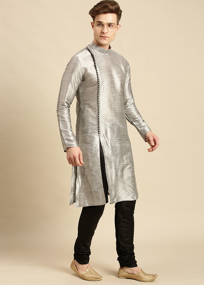 2 Pc Silver Silk Solid Kurta Pajama Set VDSAN210169