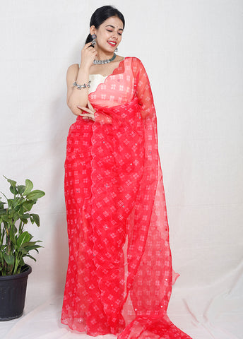 Crimson Organza Silk Bandhani Print Saree With Blouse