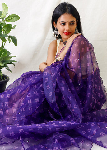 Purple Organza Silk Bandhani Print Saree With Blouse