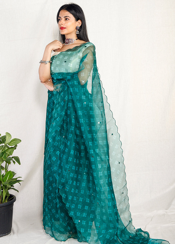 Emerald Organza Silk Bandhani Print Saree With Blouse