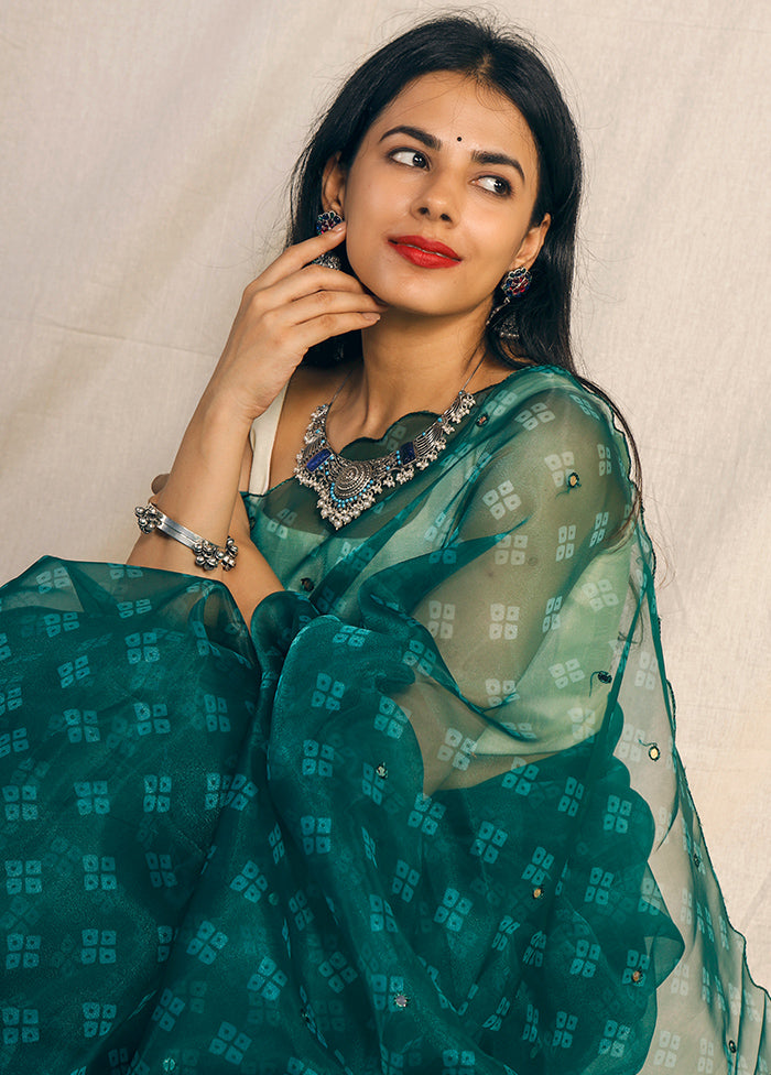 Emerald Organza Silk Bandhani Print Saree With Blouse