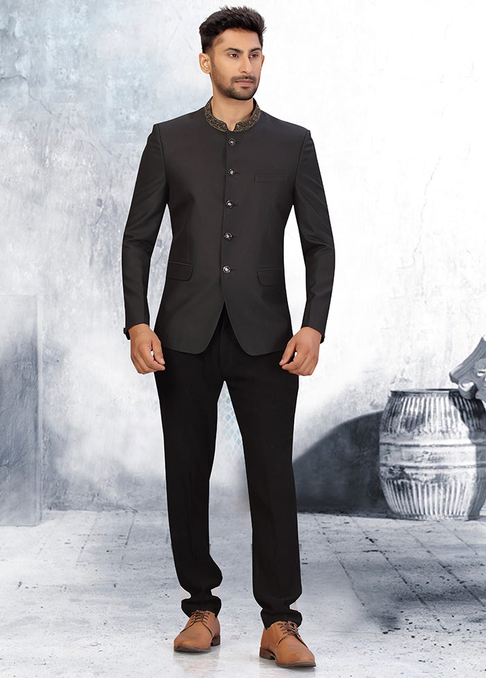 2 Pc Black Silk Coat Trouser Set VDSF100266