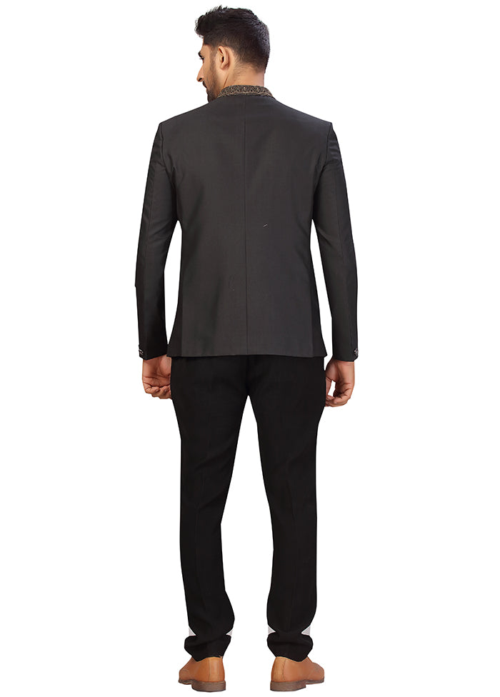 2 Pc Black Silk Coat Trouser Set VDSF100266