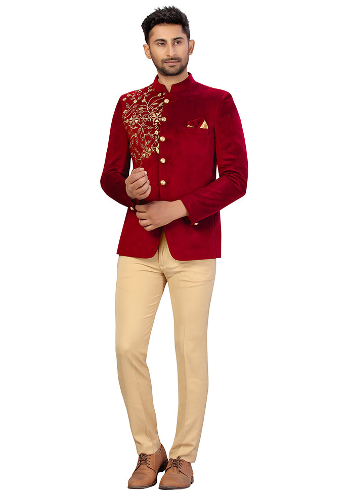 2 Pc Red Velvet Coat Trouser Set VDSF100274