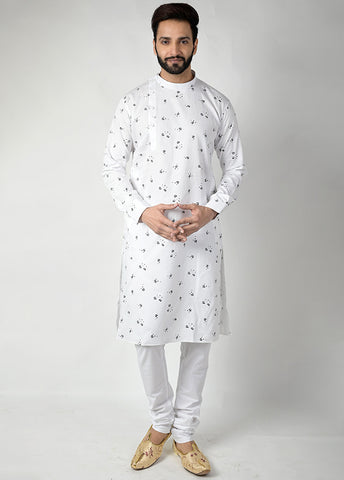 White Cotton Printed Kurta And Pajama Set VDTOI229236