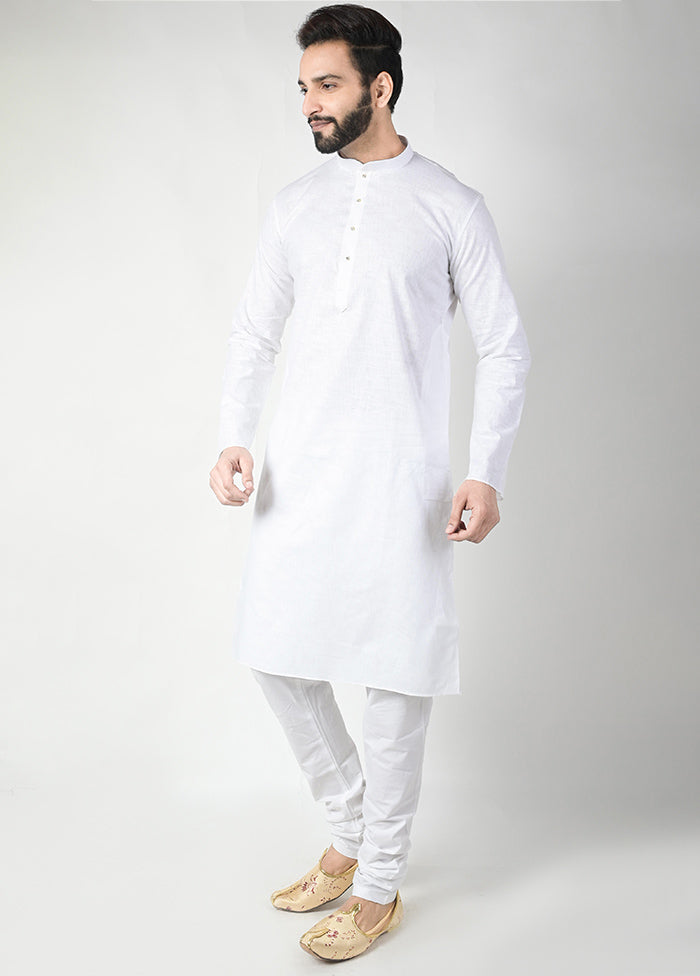 White Cotton Woven Kurta And Pajama Set VDTOI229221